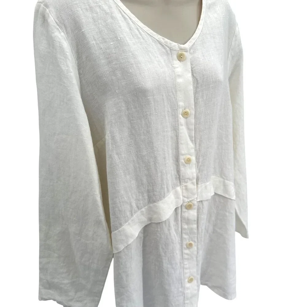 NWOT Flax Womens White Linen Button Front Blouse Long Sleeve Relaxed Fit Size M